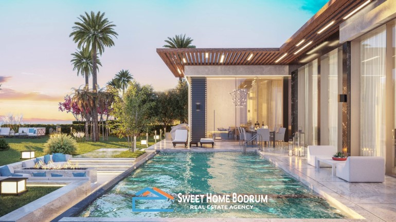 Turgutreis'te Satılık Deniz ve Marina Manzaralı Tek Katlı Bahçe ve Havuzlu Villa